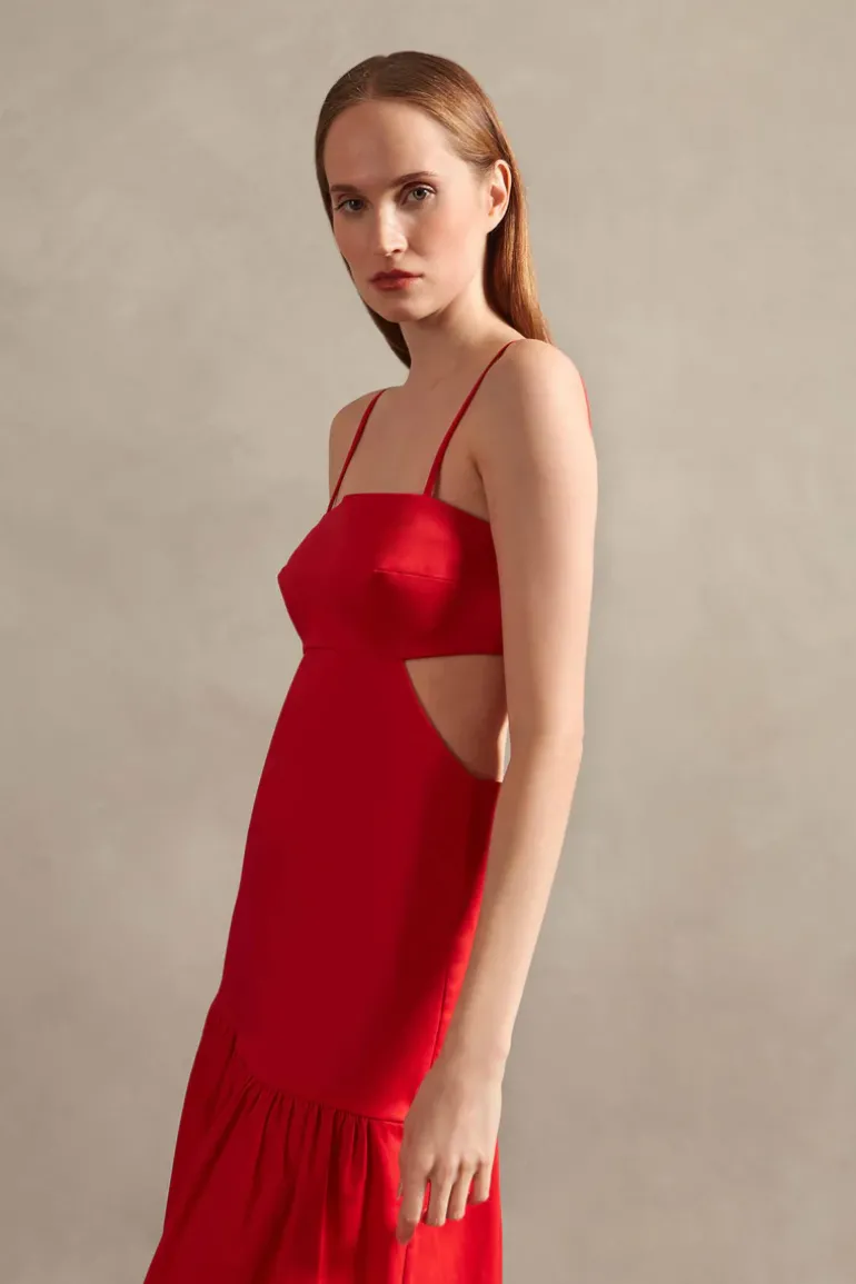 Red Solid Cotton Cut-Outs Long Dress