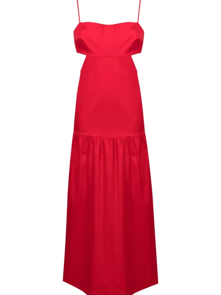 Red Solid Cotton Cut-Outs Long Dress