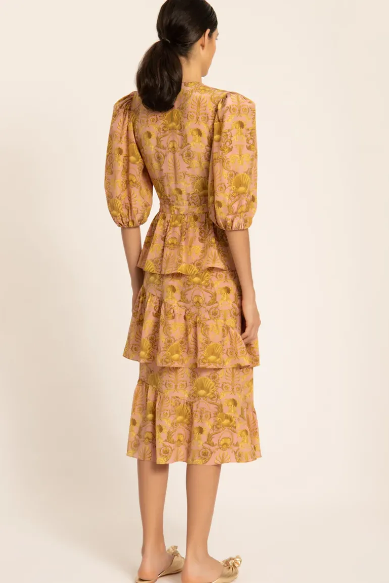 Seashell Puff-sleeved Ruffled Midi Dress