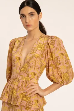 Seashell Puff-sleeved Ruffled Midi Dress