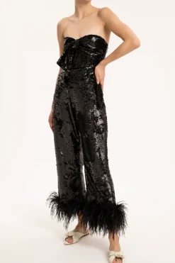 Sequins Wide-Leg Pants With Feathers
