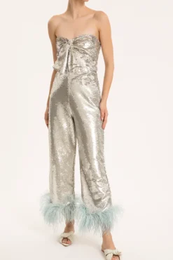 Sequins Wide-Leg Pants With Feathers
