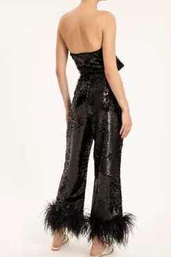 Sequins Wide-Leg Pants With Feathers