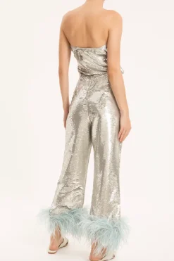 Sequins Wide-Leg Pants With Feathers