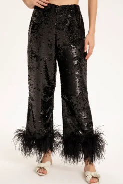 Sequins Wide-Leg Pants With Feathers