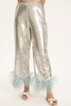 Sequins Wide-Leg Pants With Feathers