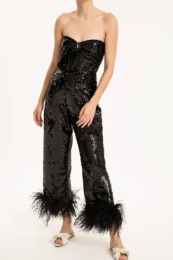 Sequins Wide-Leg Pants With Feathers