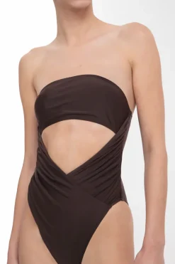 Solid Dark Brown High-Leg Strapless Swimsuit