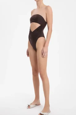 Solid Dark Brown High-Leg Strapless Swimsuit