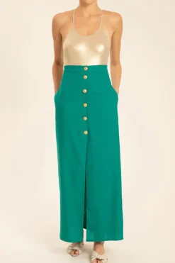 Solid Long Buttoned Skirt With Front Slit