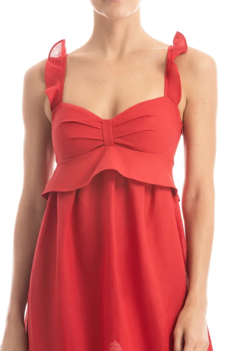 Solid Ruffled Midi Dress With Straps