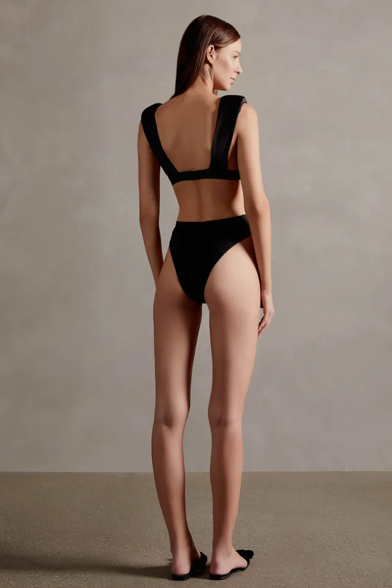 Solid Shoulder-Pad High-Leg Bikini