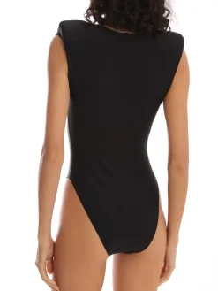 Solid Shoulder-Pad High-Leg Swimsuit