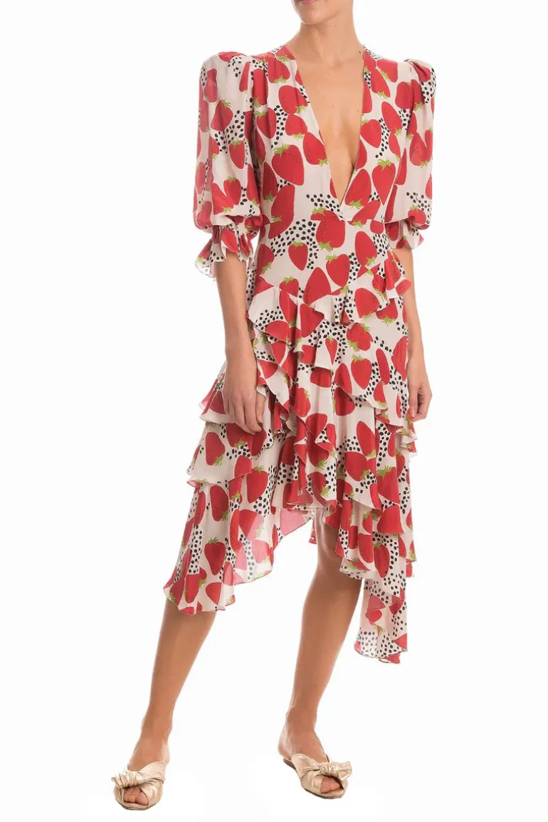 Strawberry Asymmetric Midi Dress With Ruffles