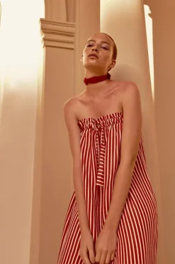 Striped Strapless Midi Dress With Ruffles