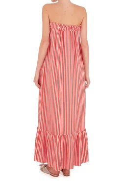 Striped Strapless Midi Dress With Ruffles