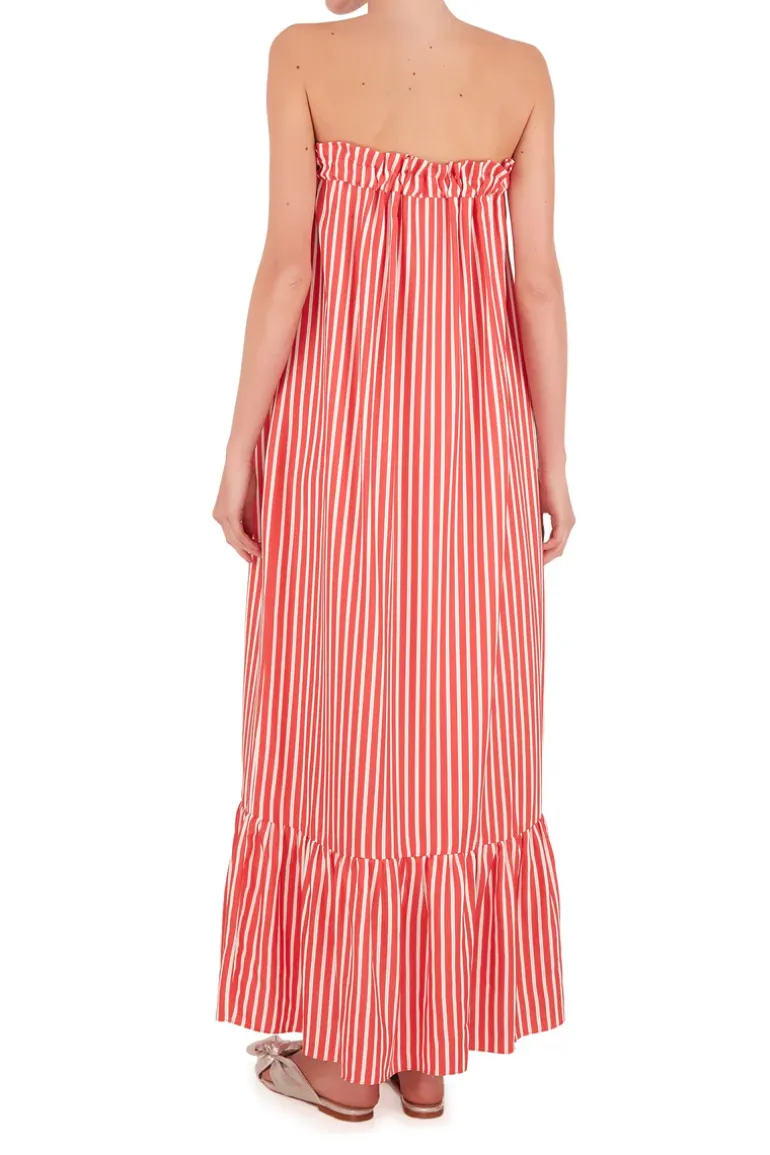 Striped Strapless Midi Dress With Ruffles