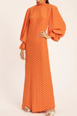 Tangerine Pois Lastex Detail Long Dress