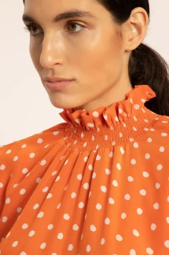 Tangerine Pois Lastex Detail Long Dress