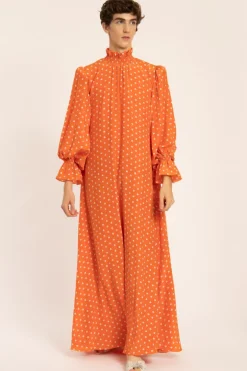 Tangerine Pois Lastex Detail Long Dress