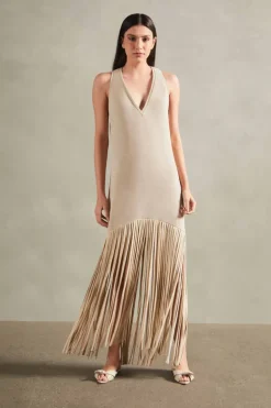 Tricot Knit Long Dress with Fringes