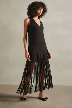 Tricot Knit Long Dress with Fringes