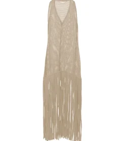 Tricot Knit Long Dress with Fringes