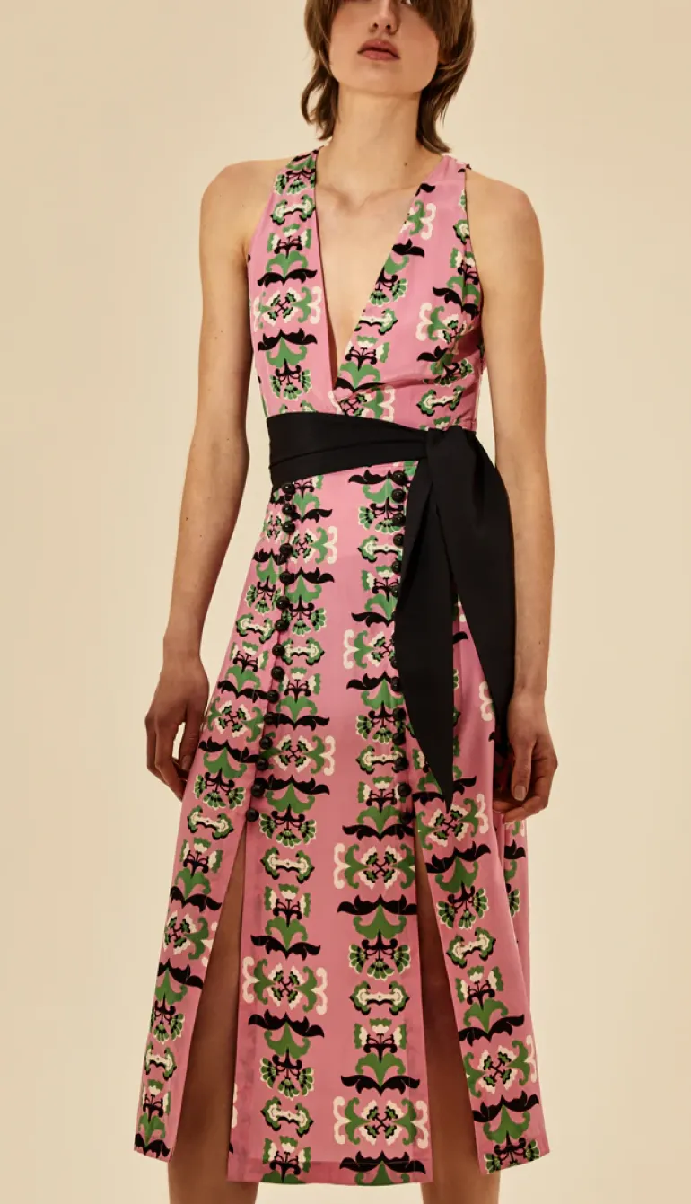 Twisted Flower V-Neck Midi Dress