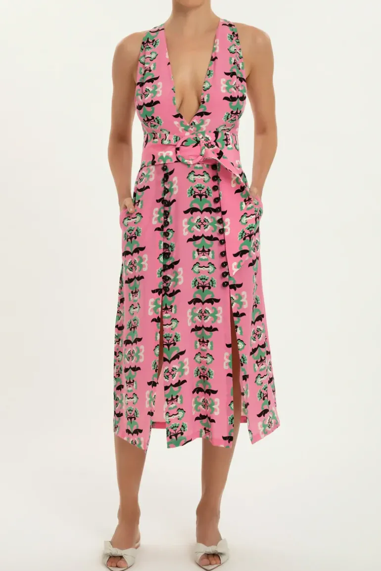 Twisted Flower V-Neck Midi Dress