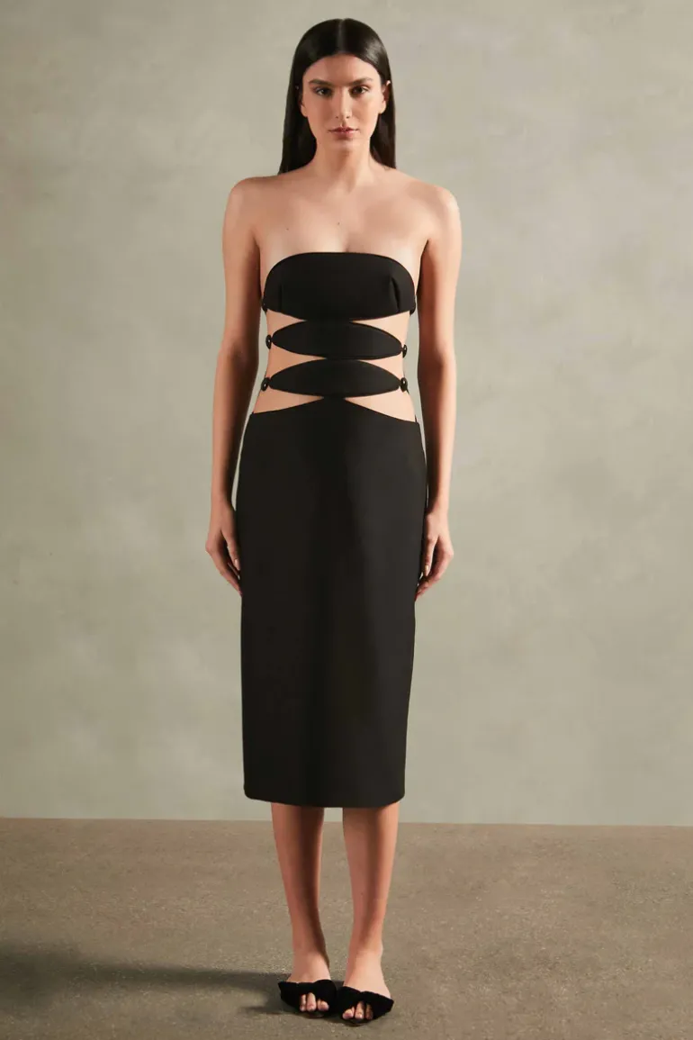 Vintage Orchid Solid Strapless Cut-Out Midi Dress