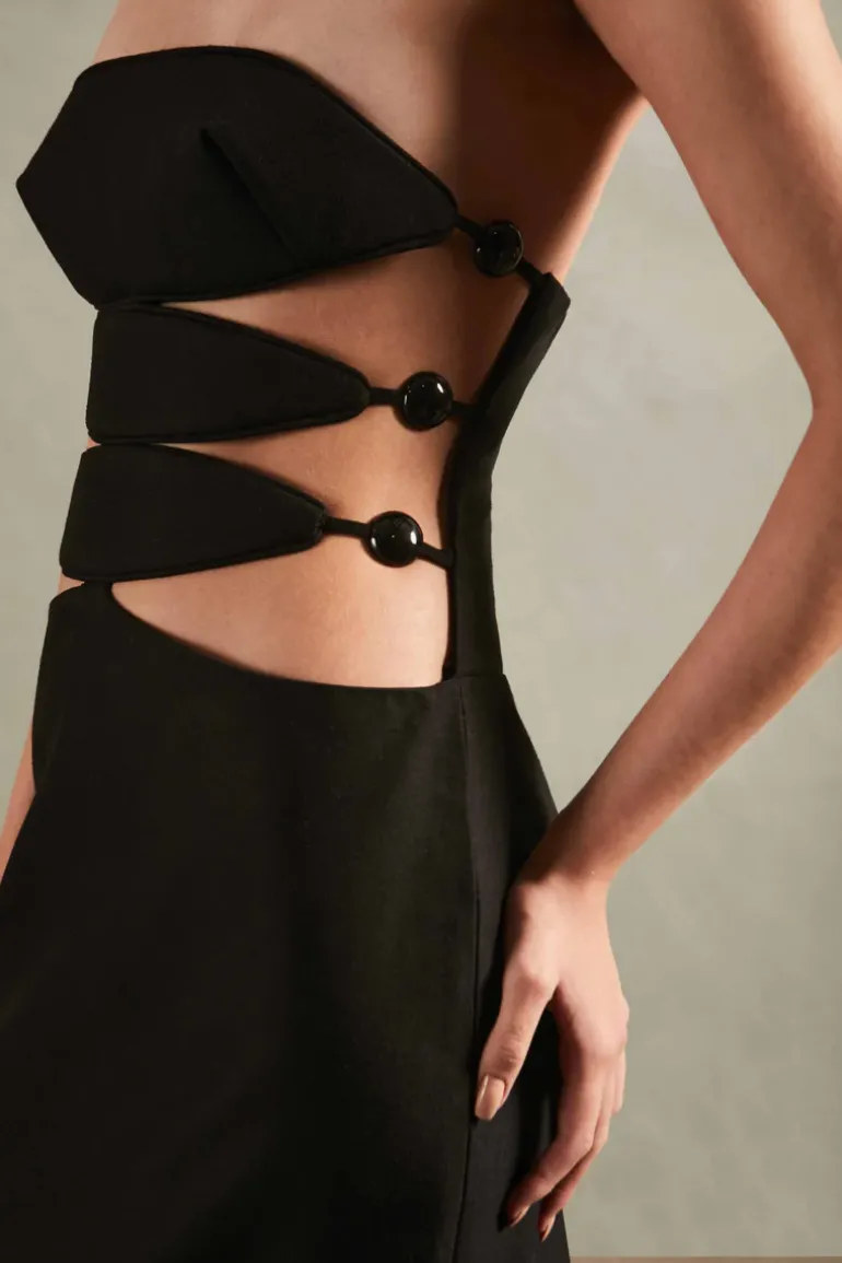 Vintage Orchid Solid Strapless Cut-Out Midi Dress