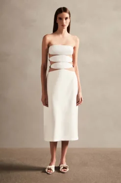 Vintage Orchid Solid Strapless Cut-Out Midi Dress