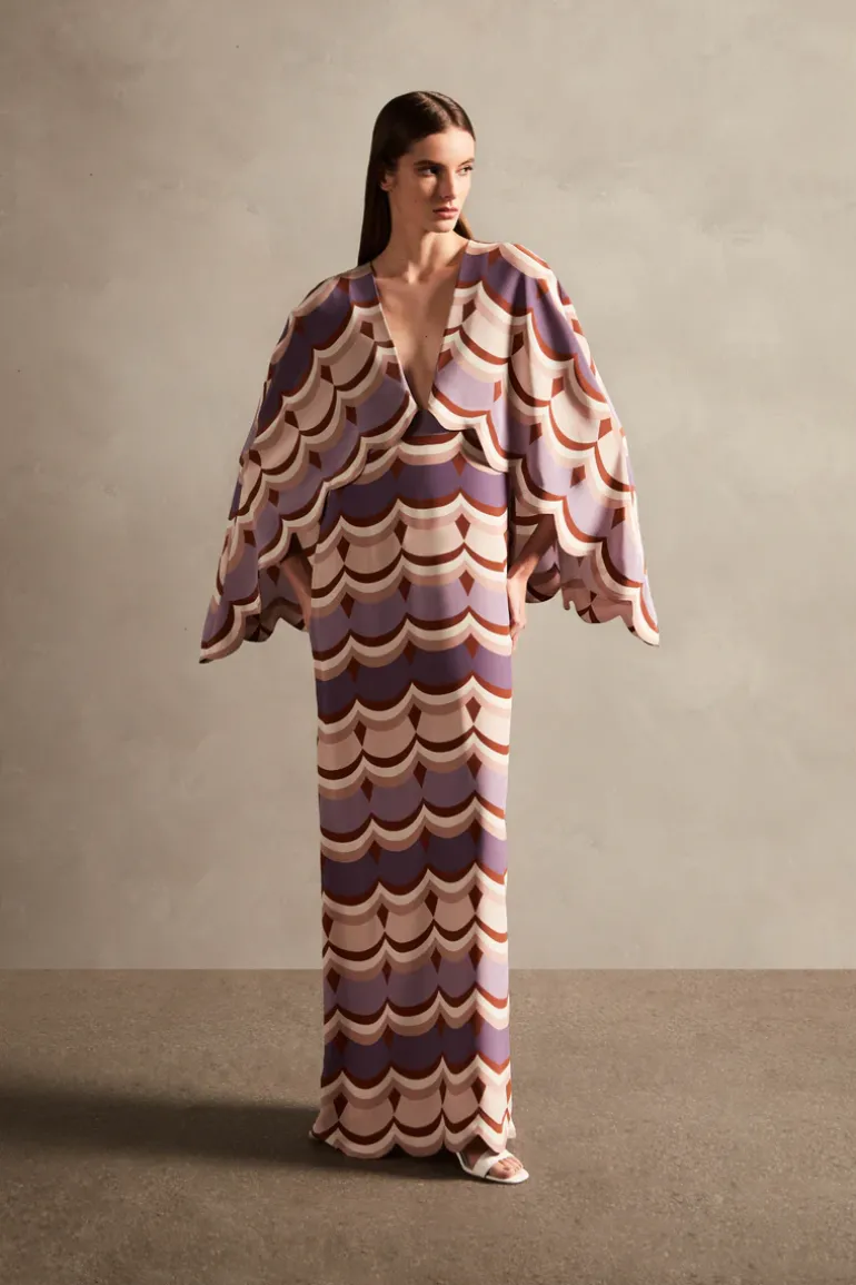 Vintage Waves V-Neck Long Dress