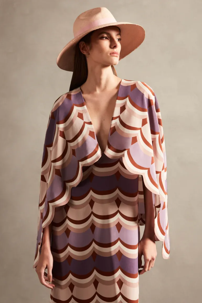 Vintage Waves V-Neck Long Dress