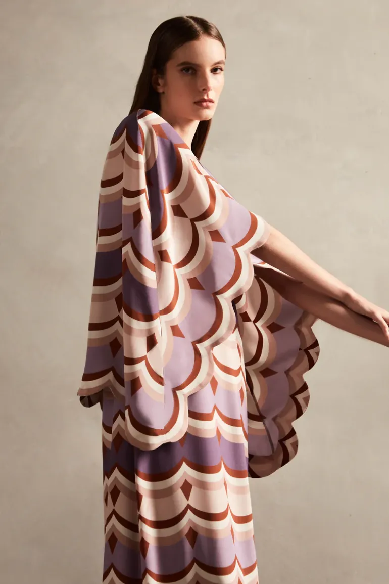 Vintage Waves V-Neck Long Dress